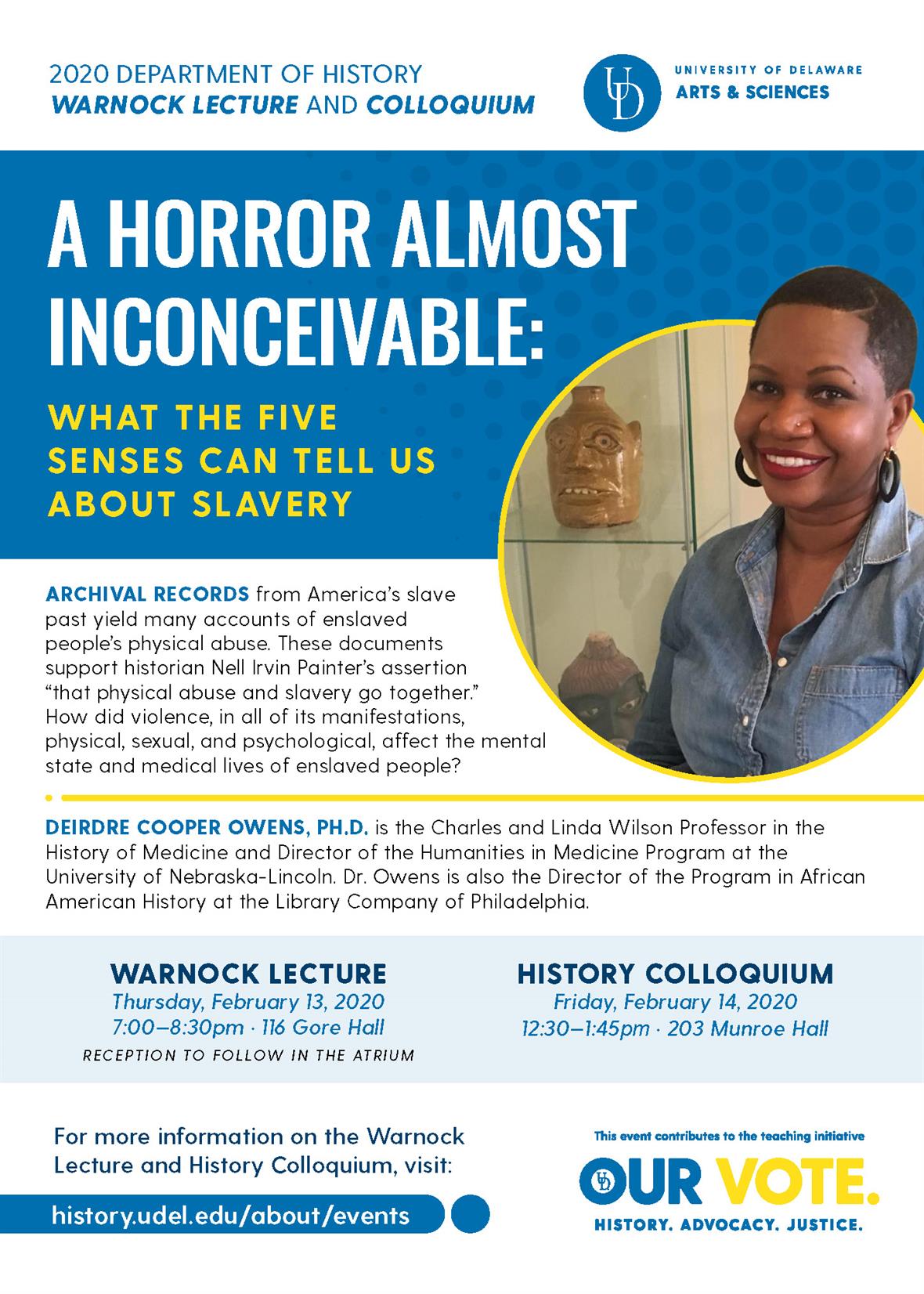 2020 Warnock Lecture and History Colloquium with Deirdre Cooper Owens February 13 and 14