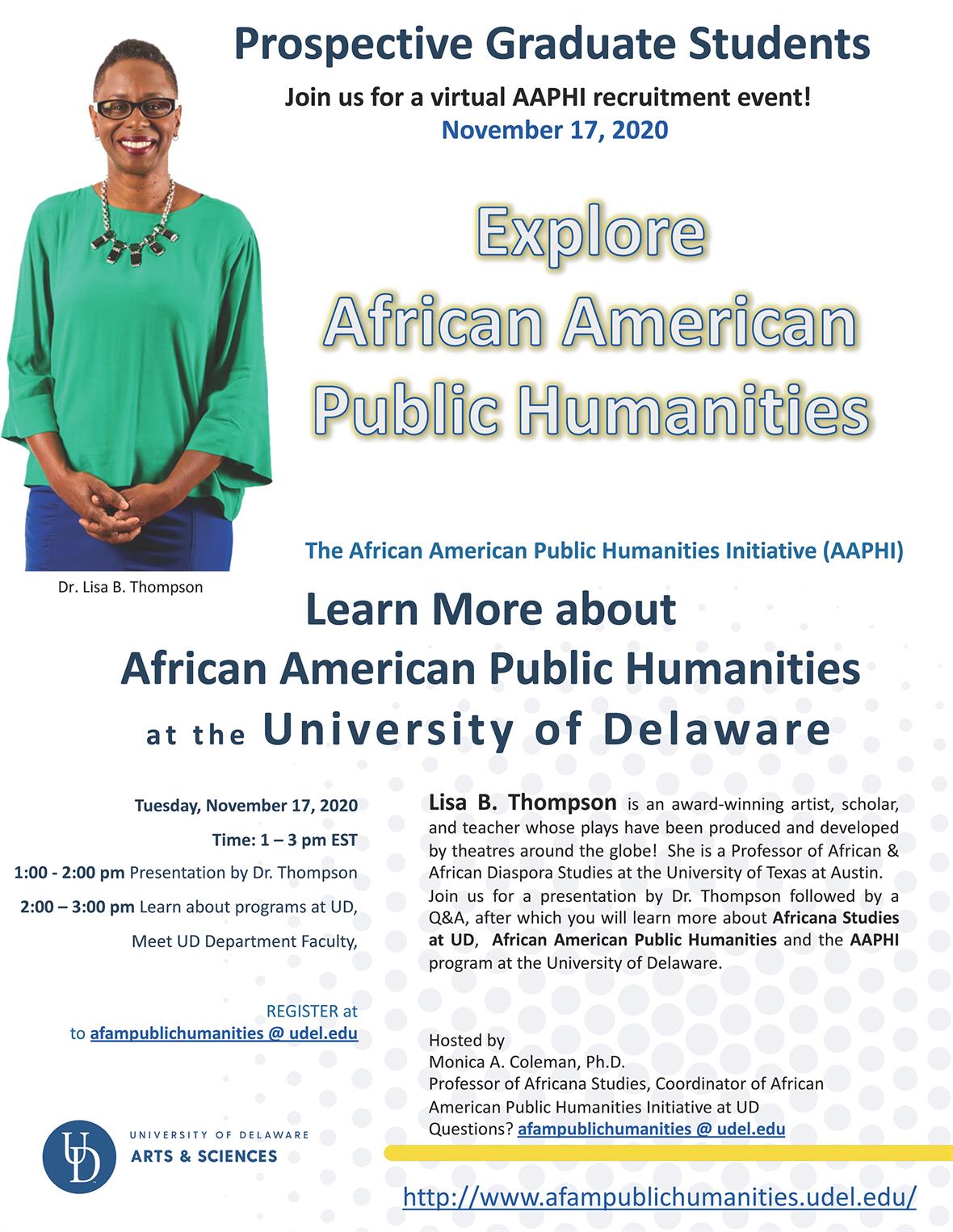 Poster for UD African American Public Humanities Initiative (AAPHI) is ideal for students interested in a PhD in the Humanities with an interest in African American history. 