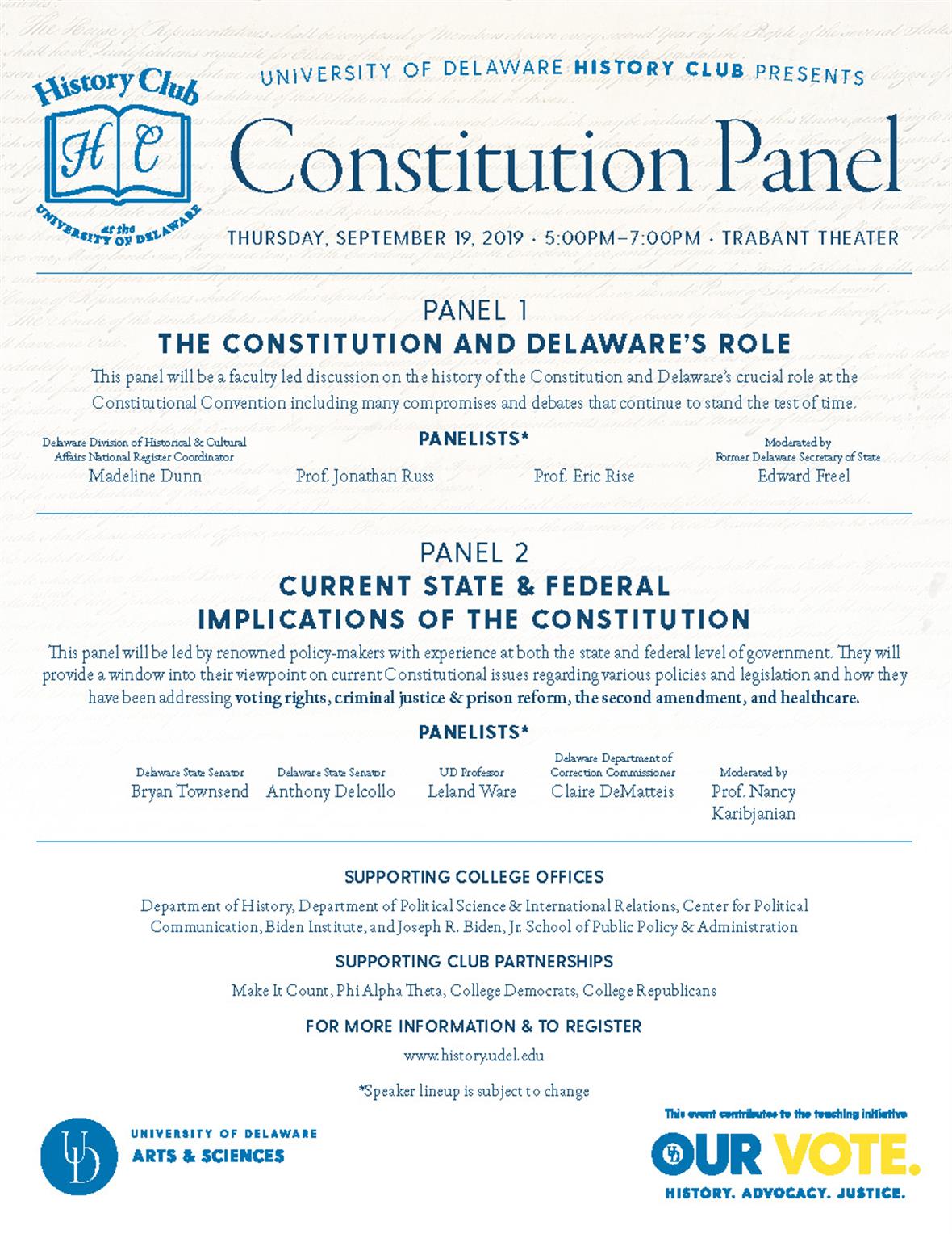 The History Club presents Constitution Panel Sept. 19, 5-7pm in Trabant University Theater